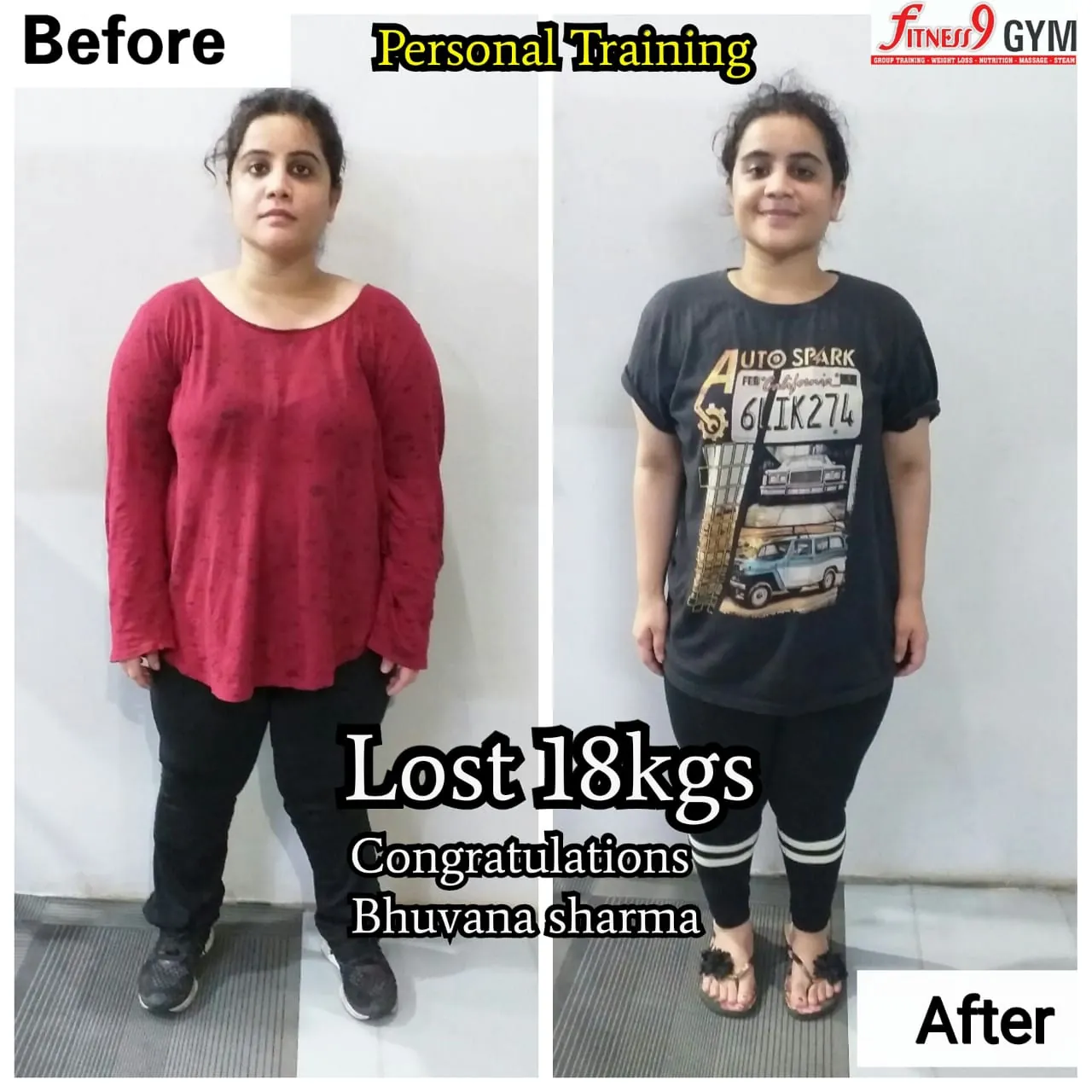 Fitness9 member Bhuvana Sharma — lost 18 kg body transformation
